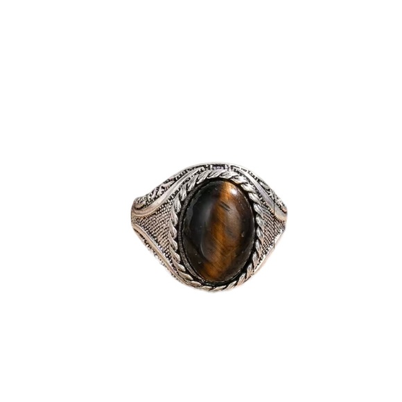 Silver Engraved Ring with Marbled Brown Tiger Oval Stone - Picture 4 of 4